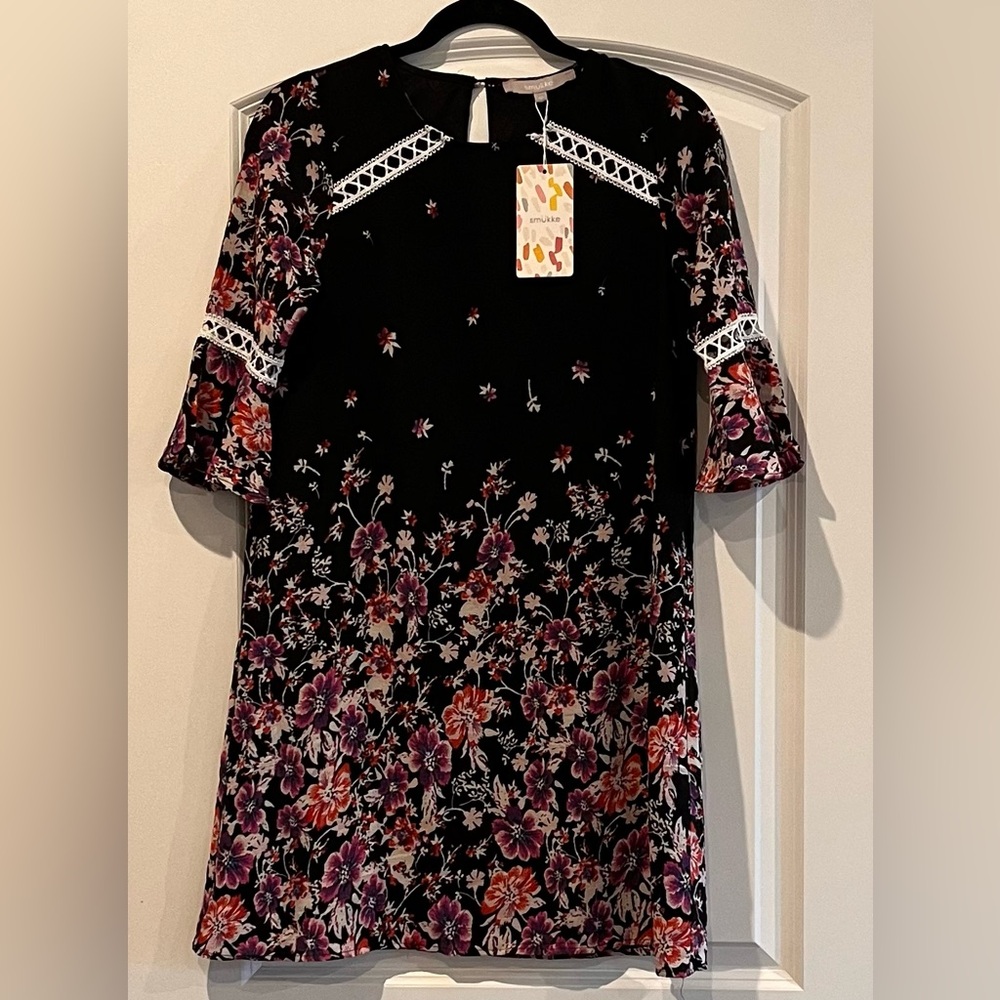 Smukke Midi‎ Dress Girl's 14 Colorful Black/Floral Dress Flutter 3/4 Sleeve